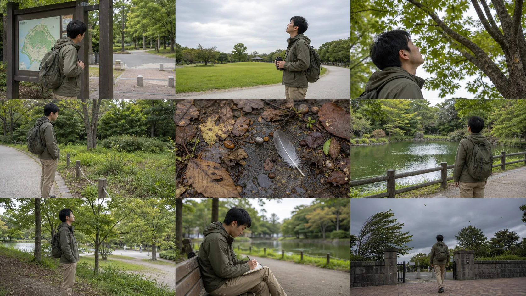 公園の案内図で園路と立入禁止区域を確認する人